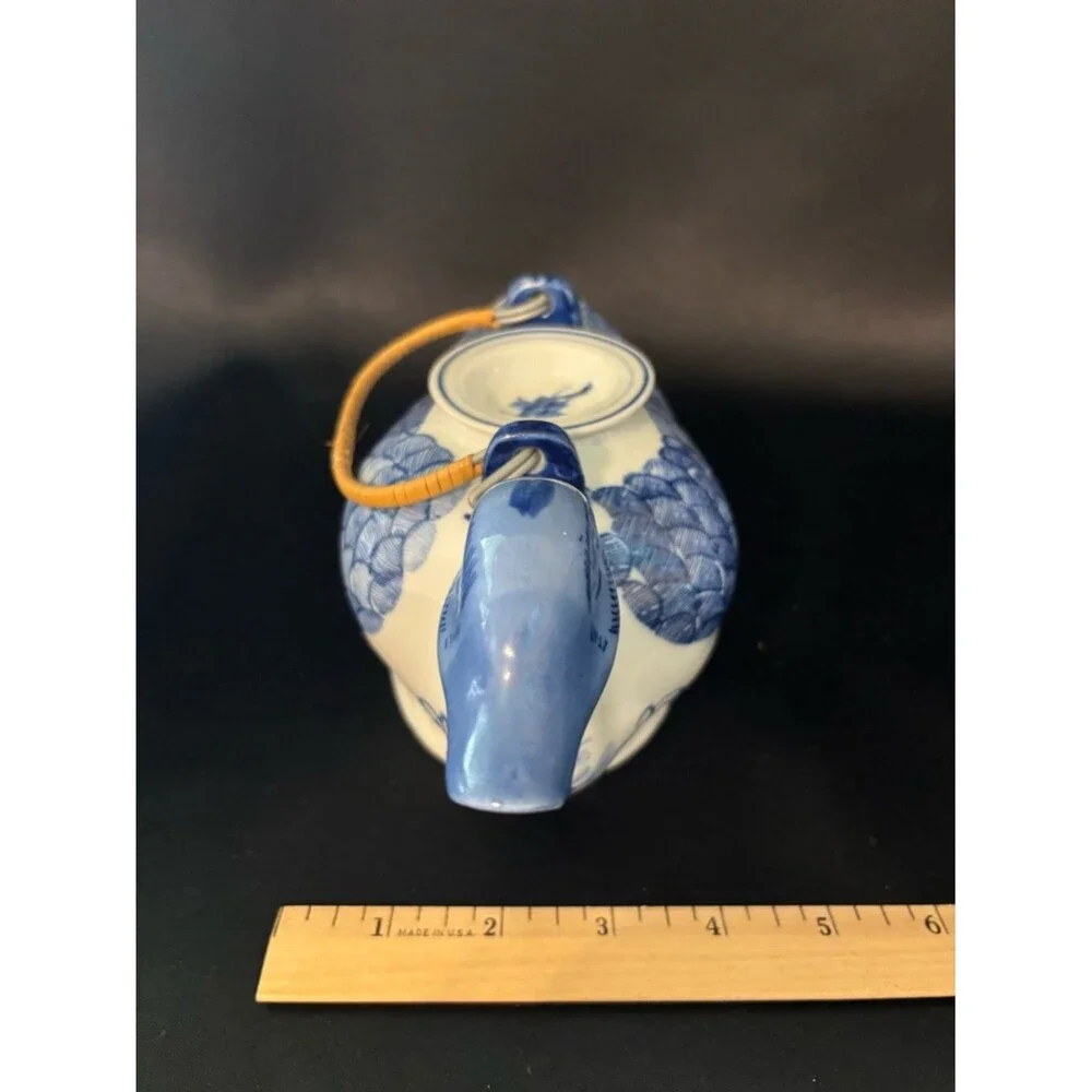 Vintage Blue & White Hand Painted Duck Teapot Floral Accents Made In China